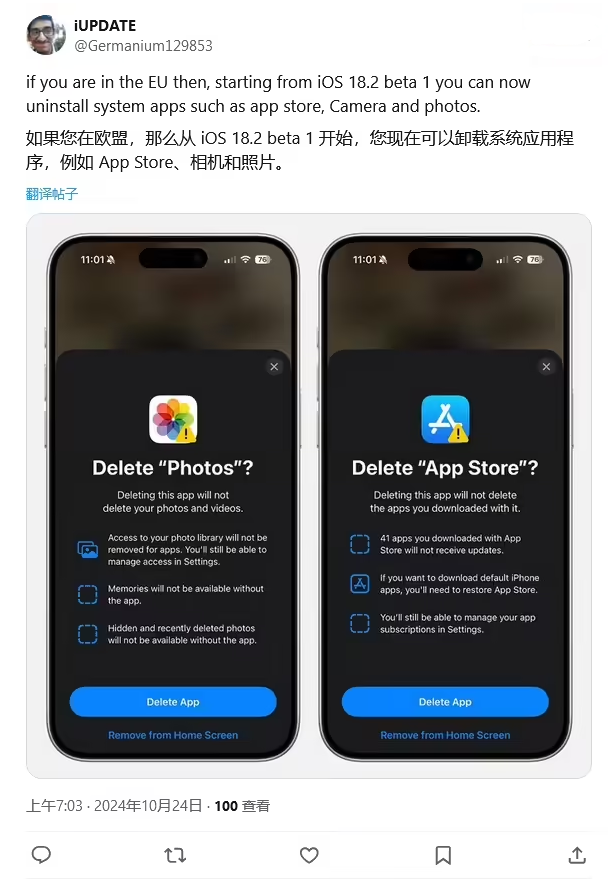 海口苹果手机维修分享iOS 18.2 支持删除 App Store 应用商店 